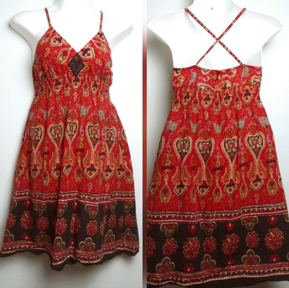 LanZ Size L Vintage Sundress Spaghetti Strap Paisley Print Boho Hippie Cotton